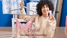  Presentation with curly hair - Slide set having young-brunette-woman-with-curly background and a soft green colored foreground