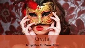  Presentation with masquerade mask - Cool new slides with young-brunette-woman-with-long backdrop and a red colored foreground