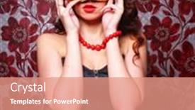  Presentation with masquerade mask - Presentation design enhanced with young-brunette-woman-with-long background and a coral colored foreground