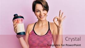  Presentation with protein shake - Audience pleasing PPT layouts consisting of young-brunette-woman-with-short backdrop and a coral colored foreground