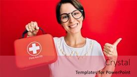  Presentation with first aid kit - PPT theme featuring young-brunette-woman-with-short background and a red colored foreground