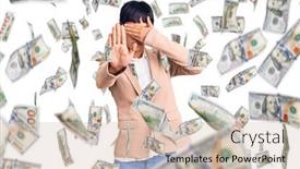  Presentation with sad woman - Slides having young-brunette-woman-with-short background and a soft green colored foreground