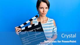  Presentation with film negative - Audience pleasing PPT theme consisting of young-brunette-woman-with-short backdrop and a teal colored foreground