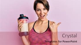  Presentation with protein shake - Beautiful PPT layouts featuring young-brunette-woman-with-short backdrop and a red colored foreground