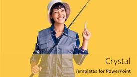  Presentation with fisherman - Presentation design with young-brunette-woman-with-short background and a yellow colored foreground