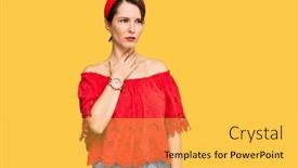  Presentation with sore throat - Colorful presentation design enhanced with young-brunette-woman-with-short backdrop and a yellow colored foreground
