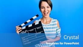  Presentation with clapboard - PPT theme enhanced with young-brunette-woman-with-short background and a teal colored foreground