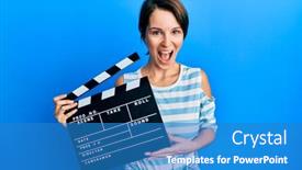  Presentation with clapboard - Colorful presentation enhanced with young-brunette-woman-with-short backdrop and a teal colored foreground