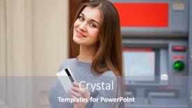  Presentation with credit card - Cool new slides with young-brunette-woman-withdrawing-money backdrop and a mint green colored foreground