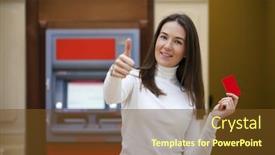  Presentation with atm - Presentation enhanced with young brunette woman withdrawing money from credit card at atm background and a tawny brown colored foreground