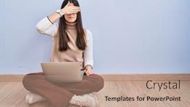  Presentation with woman sad - PPT layouts having young-brunette-woman-working-using background and a coral colored foreground