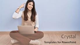  Presentation with memory computer - PPT theme having young-brunette-woman-working-using background and a coral colored foreground