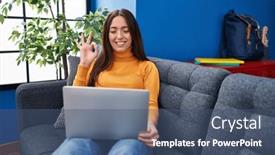  Presentation with friendly - PPT layouts consisting of young-brunette-woman-working-using background and a ocean colored foreground