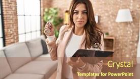  Presentation with new home - PPT layouts featuring young-brunette-woman-working background and a coral colored foreground