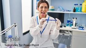  Presentation with scientist - PPT layouts with young-brunette-woman-working background and a light gray colored foreground