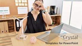  Presentation with solar electricity - PPT theme consisting of young-brunette-woman-working background and a coral colored foreground