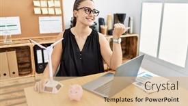  Presentation with solar electricity - Presentation theme with young-brunette-woman-working background and a coral colored foreground