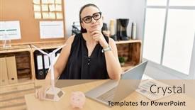  Presentation with solar electricity - Presentation design featuring young-brunette-woman-working background and a coral colored foreground