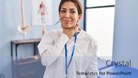  Presentation with sore throat - Presentation theme consisting of young-brunette-woman-working background and a light blue colored foreground