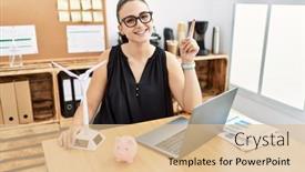  Presentation with solar electricity - Presentation theme featuring young-brunette-woman-working background and a  colored foreground