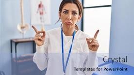  Presentation with woman sad - Presentation theme enhanced with young-brunette-woman-working background and a light blue colored foreground