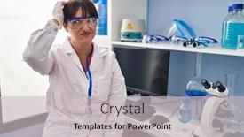  Presentation with scientist - Theme consisting of young-brunette-woman-working background and a  colored foreground