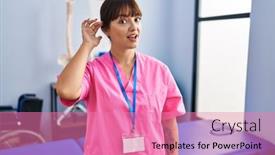  Presentation with rehabilitation - Presentation theme with young-brunette-woman-working background and a coral colored foreground
