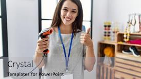  Presentation with barcode - Theme enhanced with young-brunette-woman-working background and a light gray colored foreground