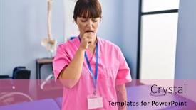  Presentation with rehabilitation - Presentation theme enhanced with young-brunette-woman-working background and a coral colored foreground