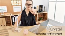  Presentation with solar electricity - Presentation featuring young-brunette-woman-working background and a  colored foreground