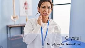  Presentation with teeth pain - Slide set featuring young-brunette-woman-working background and a light blue colored foreground