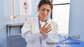  Presentation with inflammation - Theme having young-brunette-woman-working background and a light blue colored foreground