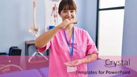  Presentation with rehabilitation - Slide deck with young-brunette-woman-working background and a  colored foreground