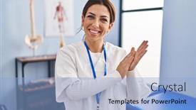  Presentation with recovery - PPT layouts featuring young-brunette-woman-working background and a light blue colored foreground