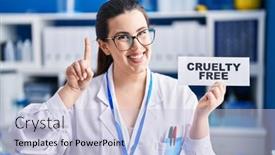  Presentation with cruelty - Presentation design enhanced with young-brunette-woman-working background and a light blue colored foreground