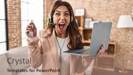  Presentation with new home - Presentation design enhanced with young-brunette-woman-working background and a  colored foreground