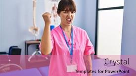  Presentation with rehabilitation - Presentation design enhanced with young-brunette-woman-working background and a coral colored foreground