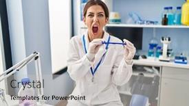  Presentation with mad scientist - Presentation theme having young-brunette-woman-working background and a light gray colored foreground