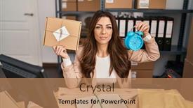  Presentation with simple business - Presentation design having young-brunette-woman-working background and a  colored foreground