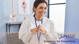  Presentation with recovery - PPT theme enhanced with young-brunette-woman-working background and a soft green colored foreground