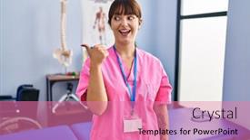  Presentation with rehabilitation - Slide deck enhanced with young-brunette-woman-working background and a coral colored foreground