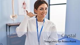  Presentation with recovery - Presentation theme having young-brunette-woman-working background and a light blue colored foreground