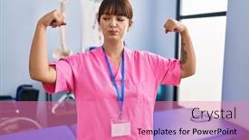  Presentation with rehabilitation - PPT layouts having young-brunette-woman-working background and a coral colored foreground