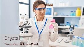  Presentation with pink ribbon - PPT theme featuring young-brunette-woman-working background and a soft green colored foreground