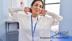  Presentation with recovery - Theme enhanced with young-brunette-woman-working background and a light blue colored foreground