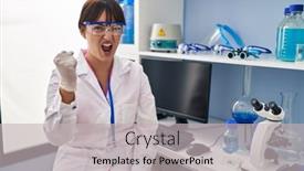  Presentation with mad scientist - Slides with young-brunette-woman-working background and a light gray colored foreground