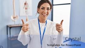  Presentation with recovery - Presentation theme enhanced with young-brunette-woman-working background and a light blue colored foreground