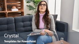  Presentation with working - Slide deck having young-brunette-woman-working background and a  colored foreground