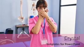  Presentation with rehabilitation - PPT layouts consisting of young-brunette-woman-working background and a coral colored foreground