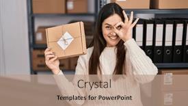  Presentation with working - Presentation theme with young-brunette-woman-working background and a coral colored foreground